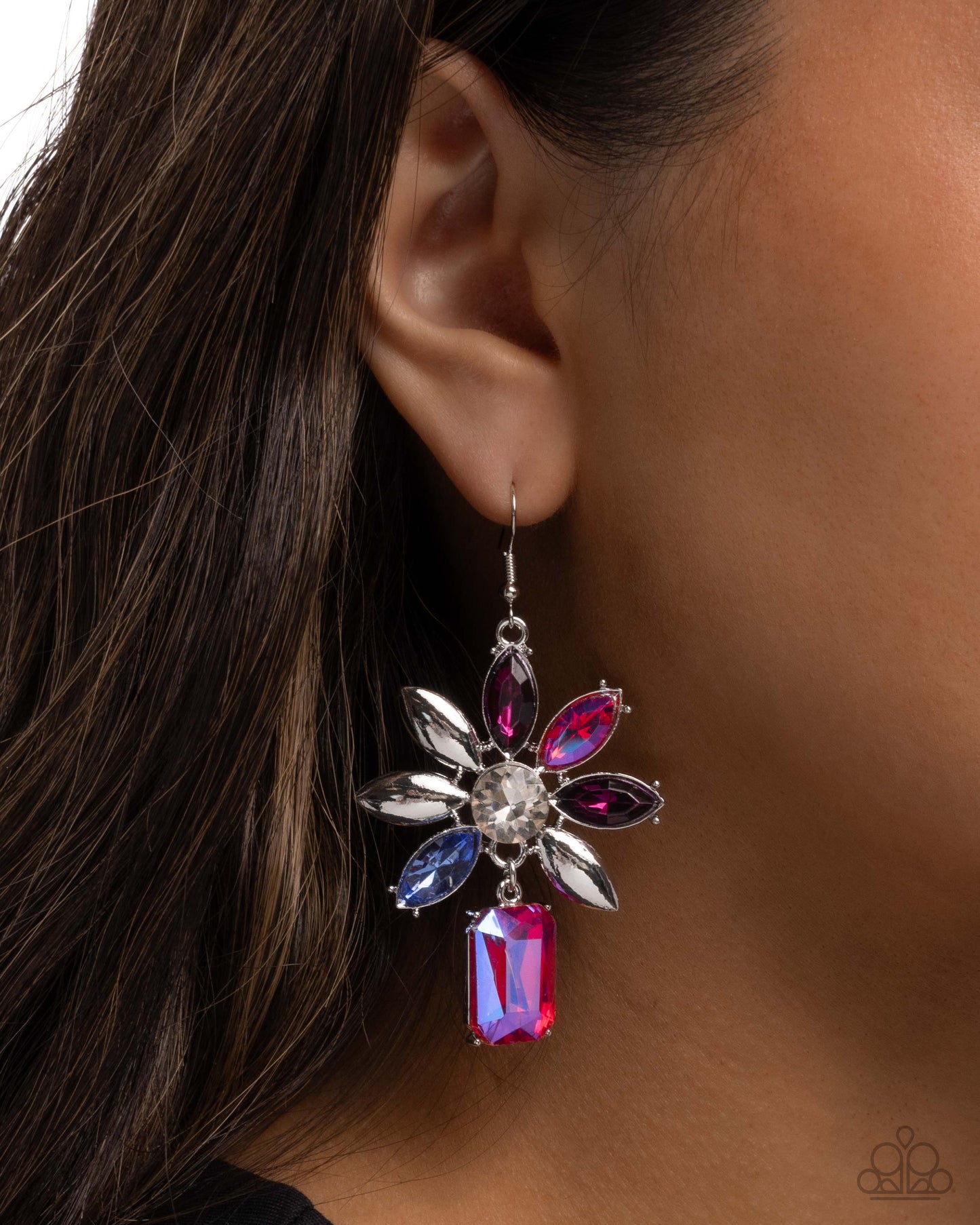 Meaningful Masterpiece - Pink UV Iridescent Gem Flower Silver Fishhook Earrings - Paparazzi Accessories