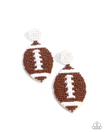 Football Fan - Brown and White Seed Bead Foot Earrings - Paparazzi Accessories