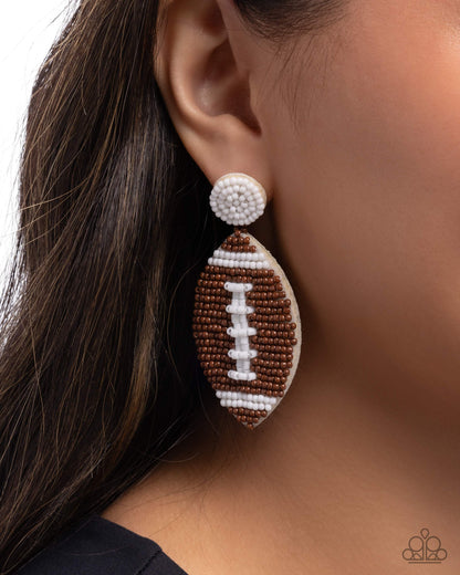 Football Fan - Brown and White Seed Bead Foot Earrings - Paparazzi Accessories