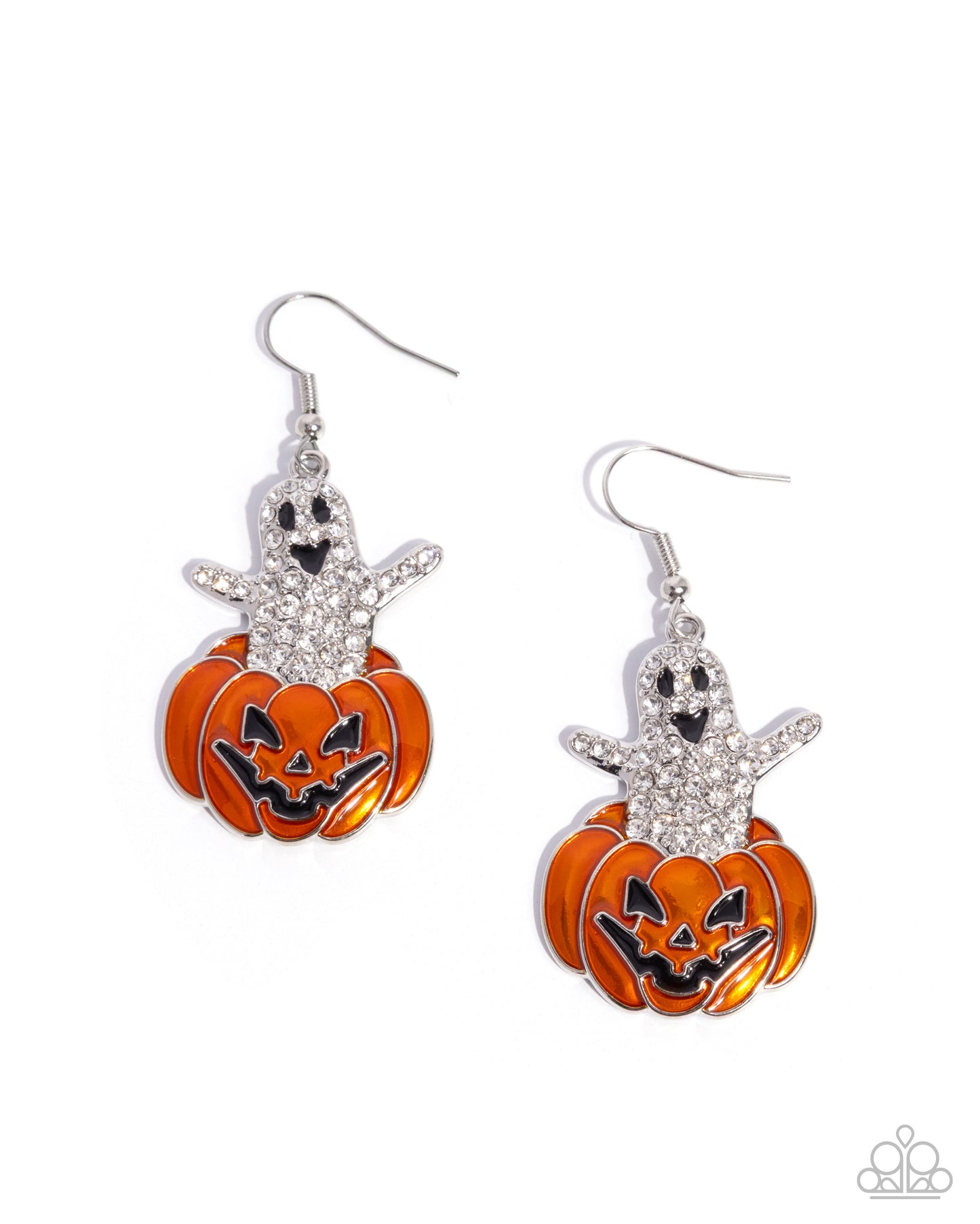 Spooky Statement - Multi White Rhinestone Ghost, Orange Enamel Jack-O-Lantern Fishhook Earrings - Paparazzi Accessories