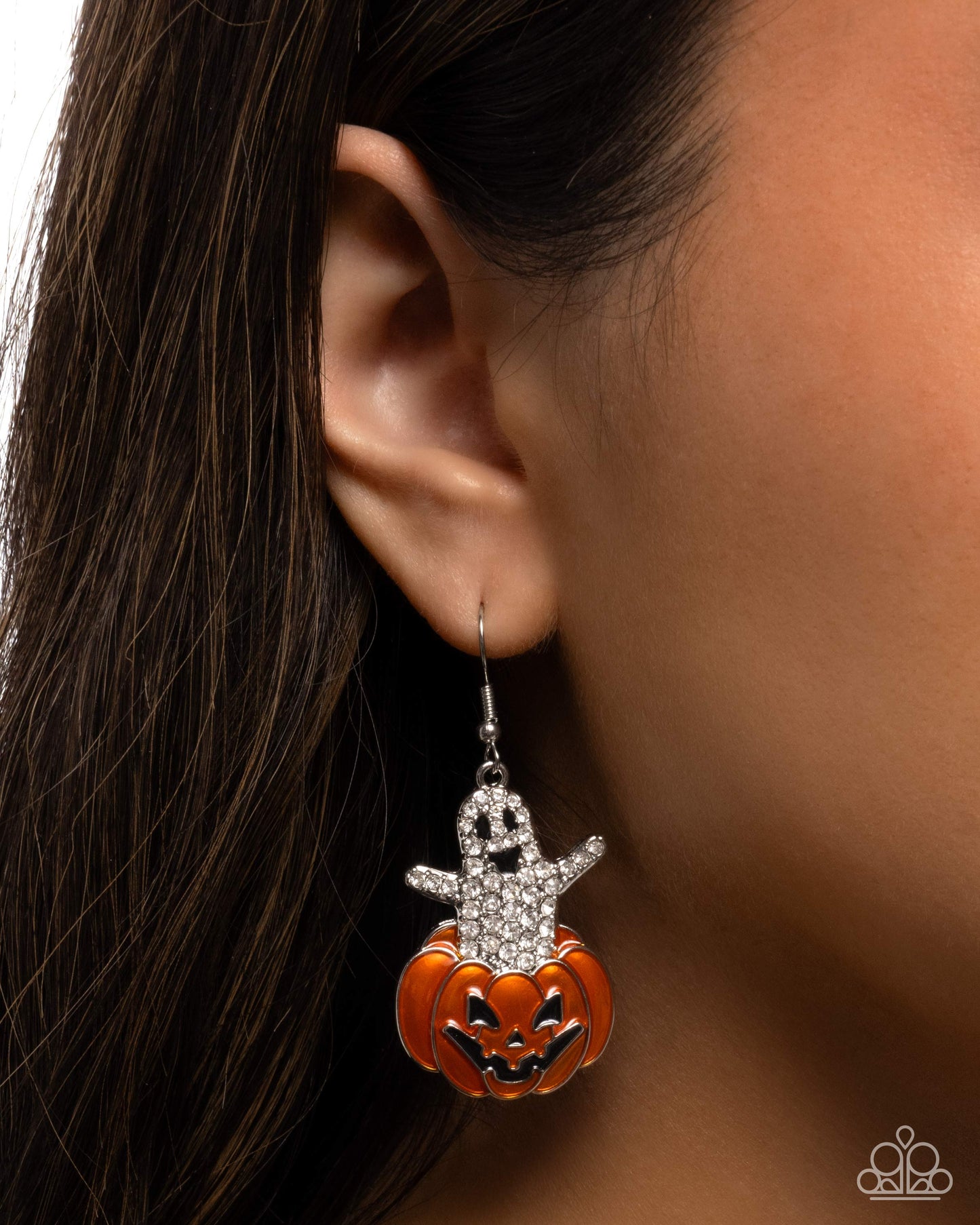 Spooky Statement - Multi White Rhinestone Ghost, Orange Enamel Jack-O-Lantern Fishhook Earrings - Paparazzi Accessories