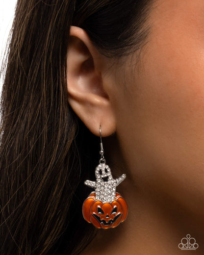 Spooky Statement - Multi White Rhinestone Ghost, Orange Enamel Jack-O-Lantern Fishhook Earrings - Paparazzi Accessories