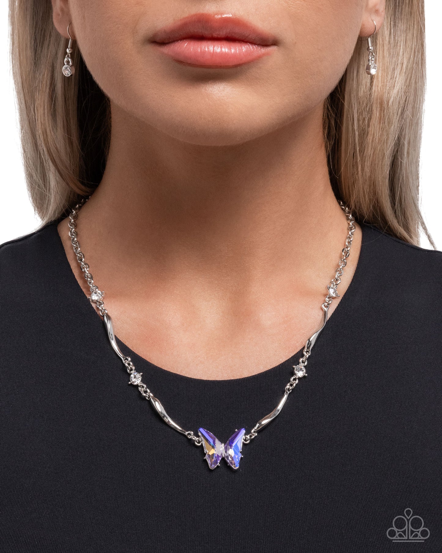 Gliding Glitz - Purple Rhinestone Butterfly, Silver Necklace - Paparazzi Accessories