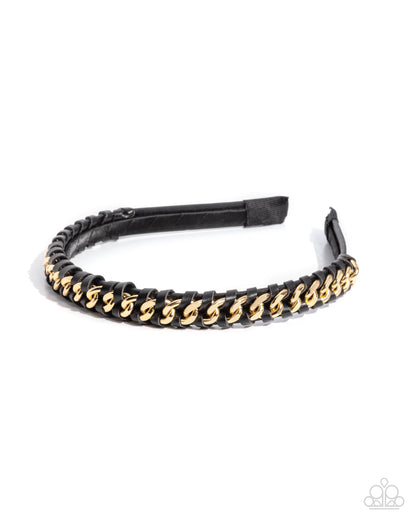 Woven Welding - Black Leather Gold Chain Headband - Paparazzi Accessories