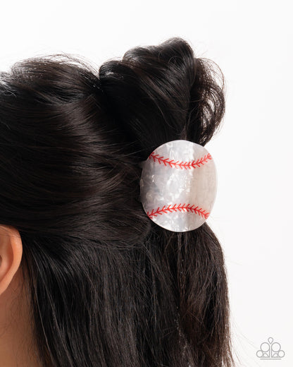 Baseball Babe - White Acrylic Baseball Hair Clip - Paparazzi Accessories