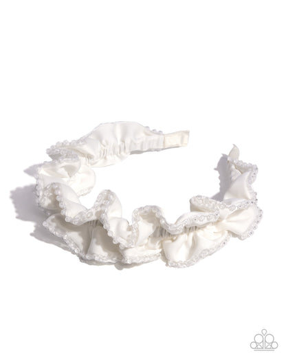 Beaded Broadcast - White Ribbon Faceted Crystal Lined Headband - Paparazzi Accessories