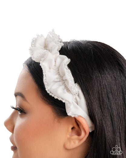 Beaded Broadcast - White Ribbon Faceted Crystal Lined Headband - Paparazzi Accessories