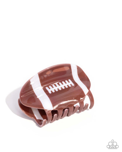 Touchdown Tale - Brown & White Acrylic Football Claw Clip - Paparazzi Accessories