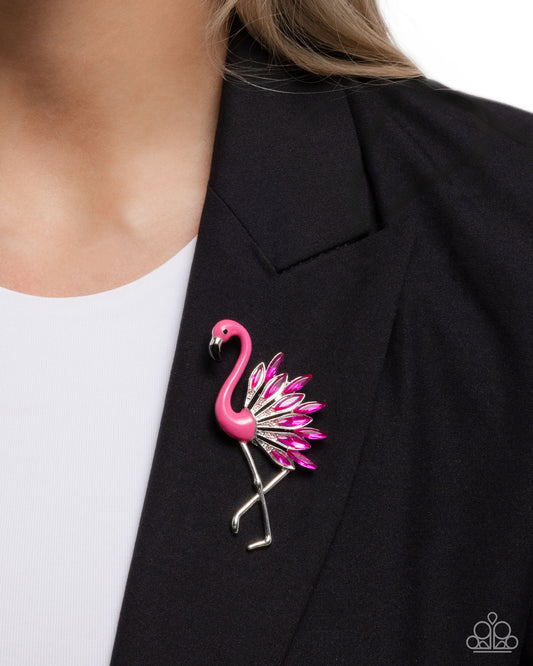 Frenetic Flamingo - Pink Enamel & Rhinestone Silver Brooch - Paparazzi Accessories