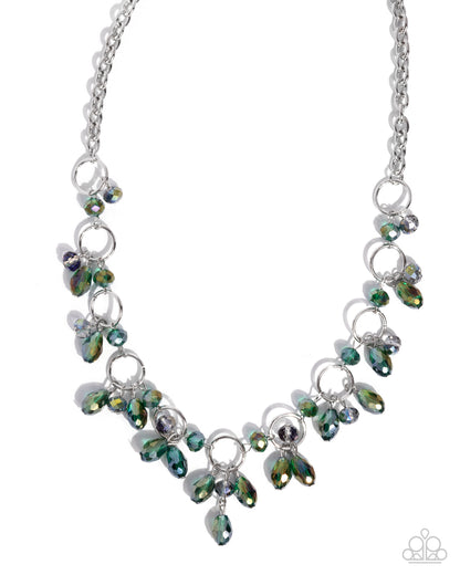Fluttering Fanfare - Green UV-Shimmery Beaded, Silver Necklace - Paparazzi Accessories