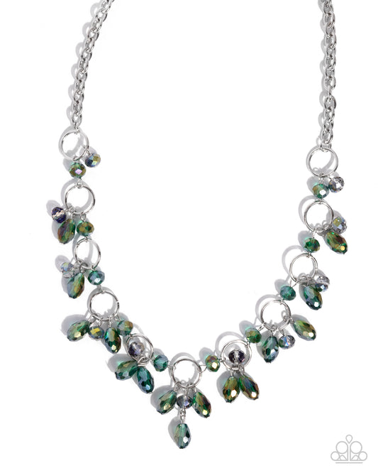 Fluttering Fanfare - Green UV-Shimmery Beaded, Silver Necklace - Paparazzi Accessories
