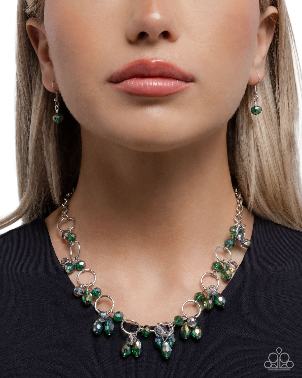 Fluttering Fanfare - Green UV-Shimmery Beaded, Silver Necklace - Paparazzi Accessories