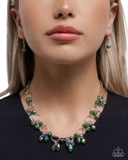Fluttering Fanfare - Green UV-Shimmery Beaded, Silver Necklace - Paparazzi Accessories
