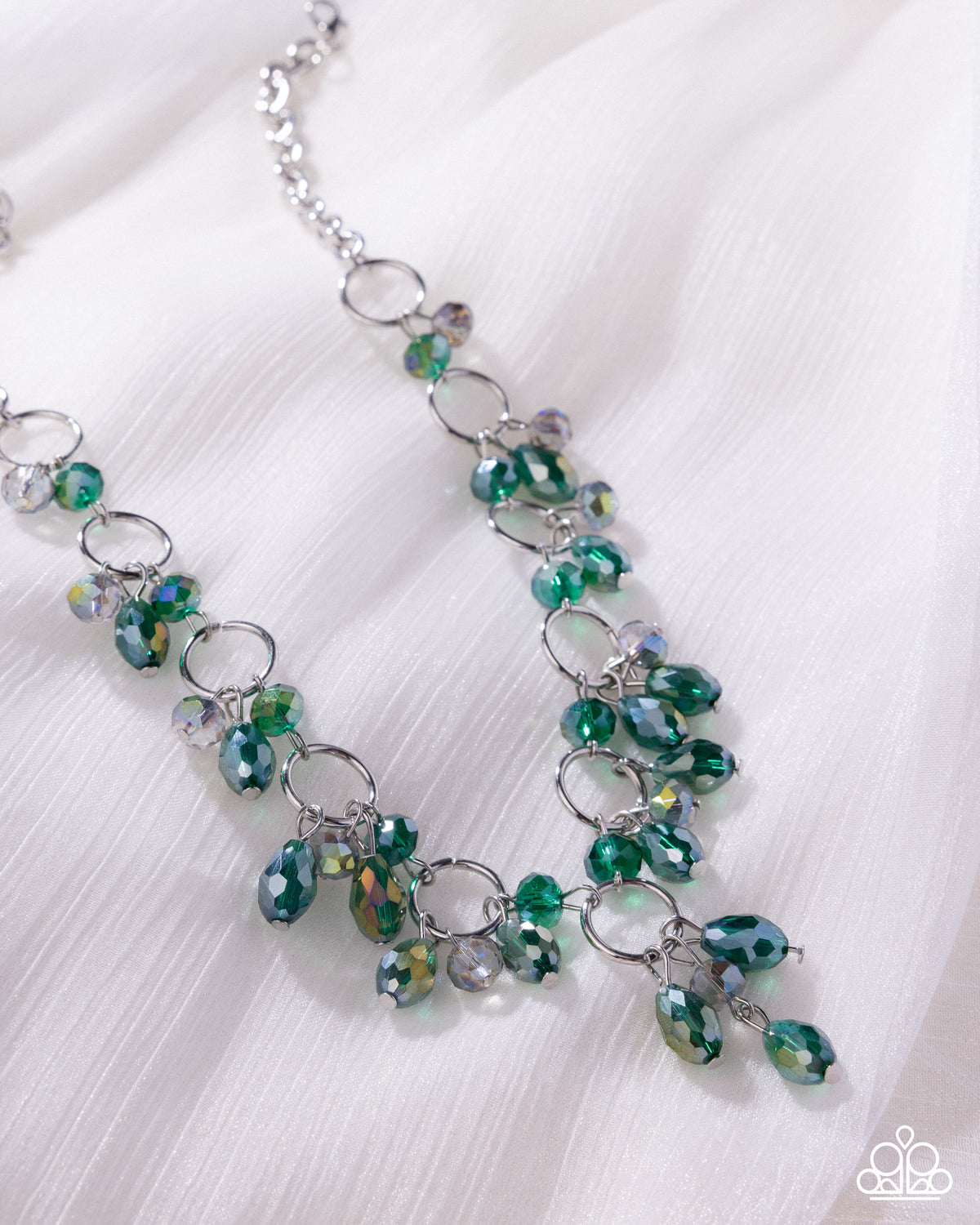 Fluttering Fanfare - Green UV-Shimmery Beaded, Silver Necklace - Paparazzi Accessories
