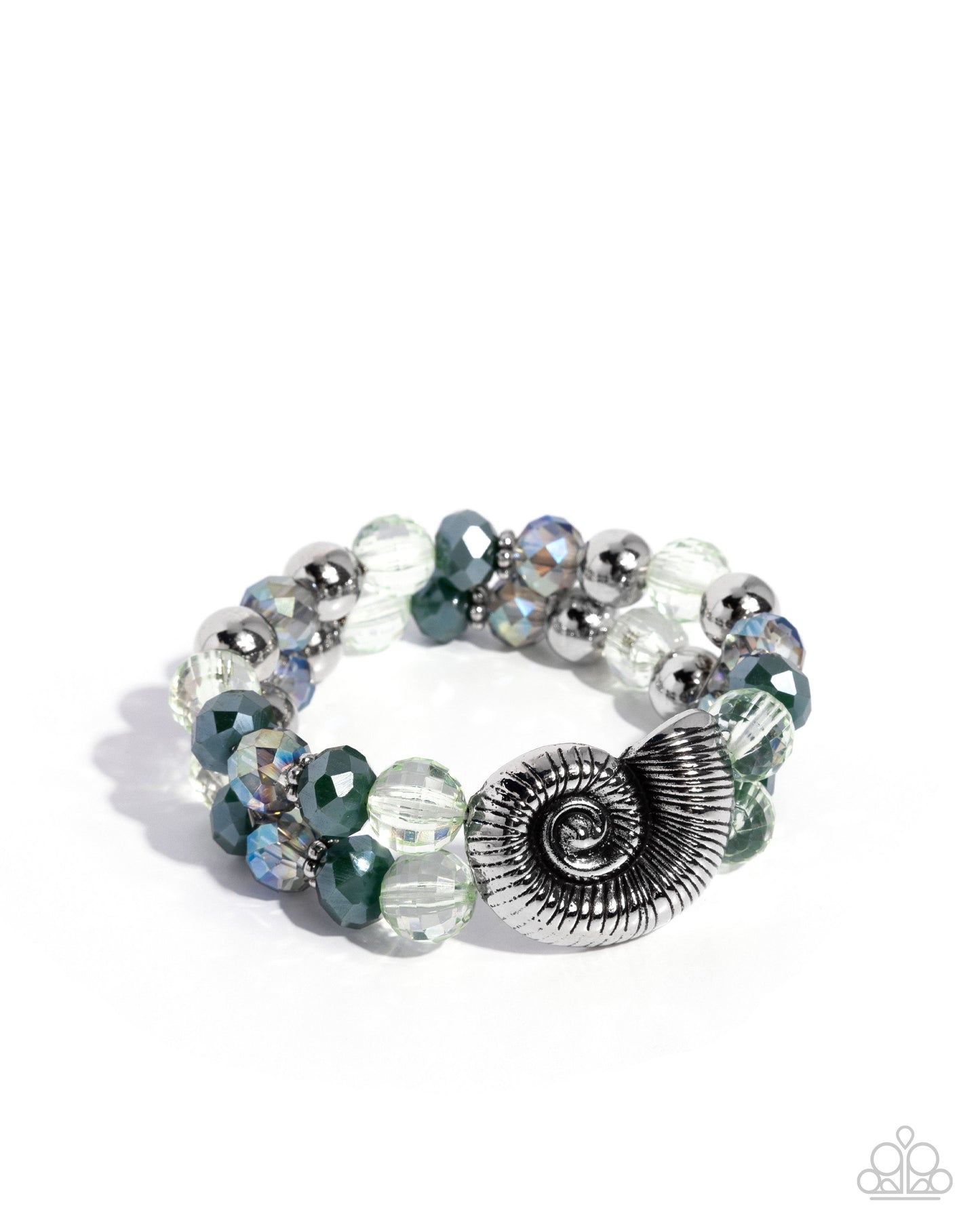 Snail Shimmer - Green Bead, Silver Shell Stretchy Bracelet - Paparazzi Accessories