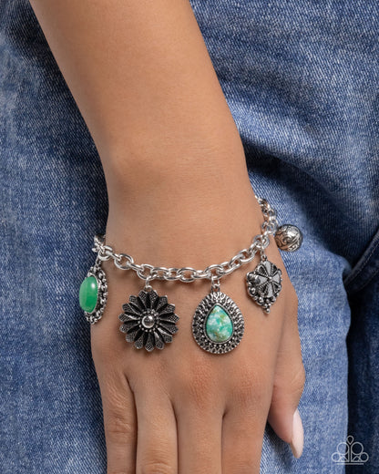 Select Stones - Green Stone Silver Charm Clasp Bracelet - Paparazzi Accessories