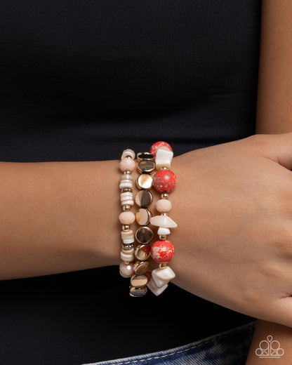 Earthy Entertainer - Red Stone Beads Gold Stretchy Bracelets - Paparazzi Accessories