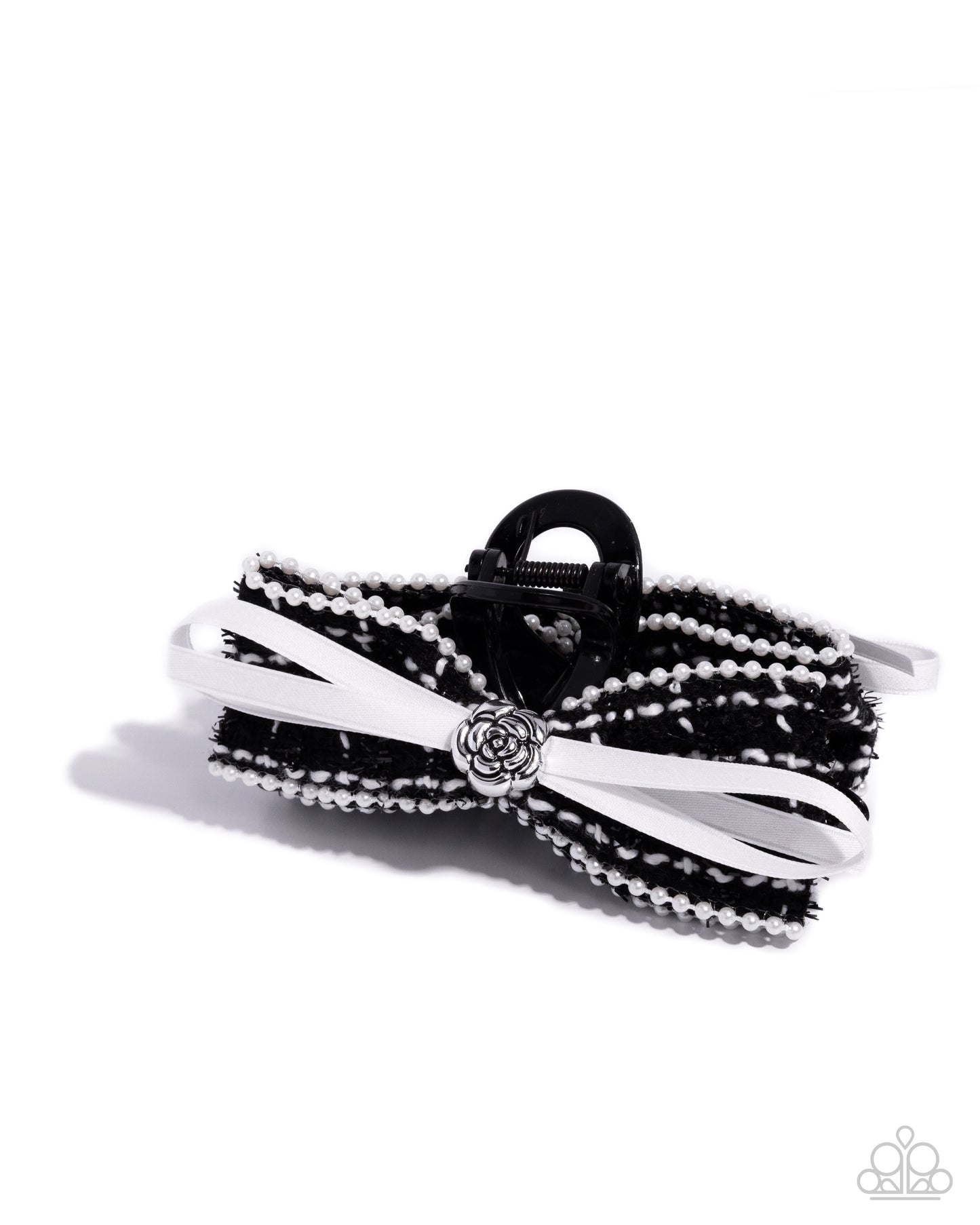Private School - Black & White Plaid & Ribbon Bow Silver Rose Acrylic Claw Clip - Paparazzi Acessories