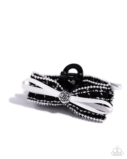 Private School - Black & White Plaid & Ribbon Bow Silver Rose Acrylic Claw Clip - Paparazzi Acessories