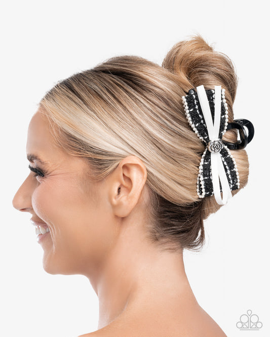 Private School - Black & White Plaid & Ribbon Bow Silver Rose Acrylic Claw Clip - Paparazzi Acessories