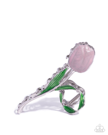 Floriculture Fever - Pink & Green Enamel Tulip Silver Claw Clip - Paparazzi Accessories