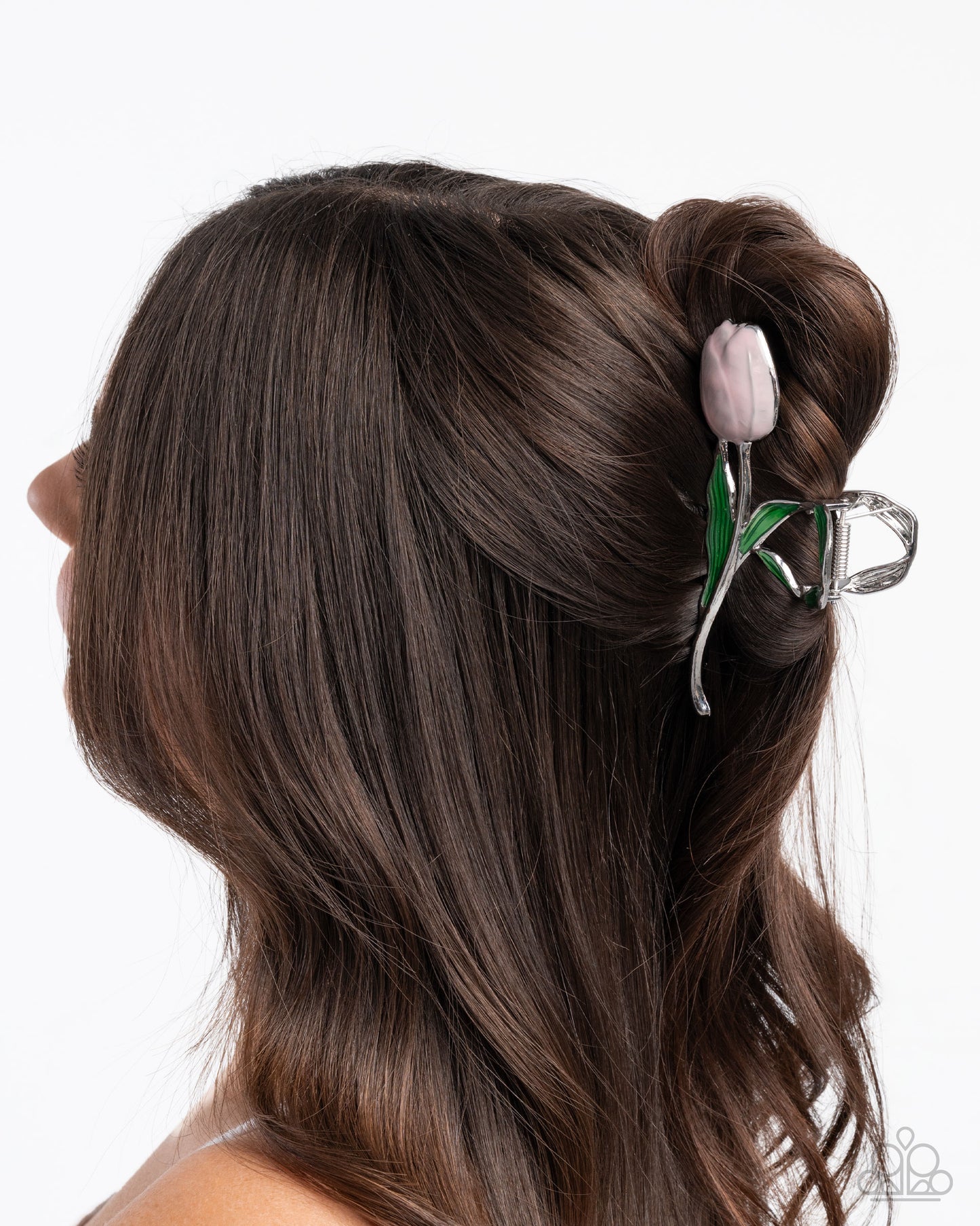 Floriculture Fever - Pink & Green Enamel Tulip Silver Claw Clip - Paparazzi Accessories