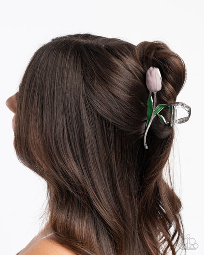 Floriculture Fever - Pink & Green Enamel Tulip Silver Claw Clip - Paparazzi Accessories