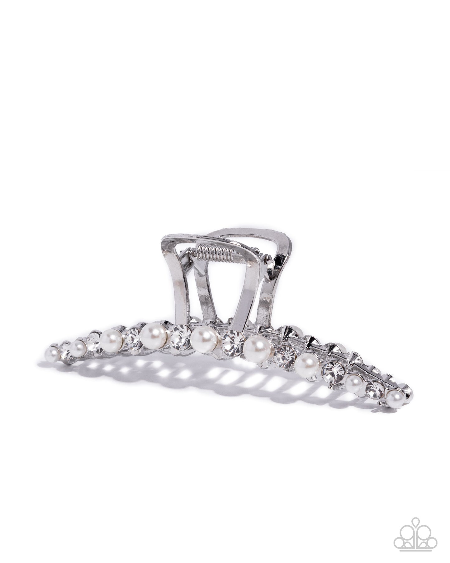 Social Shimmer - White Pearl & Rhinestone Silver Claw Clip - Paparazzi Accessories