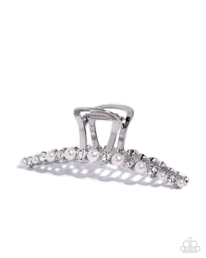 Social Shimmer - White Pearl & Rhinestone Silver Claw Clip - Paparazzi Accessories