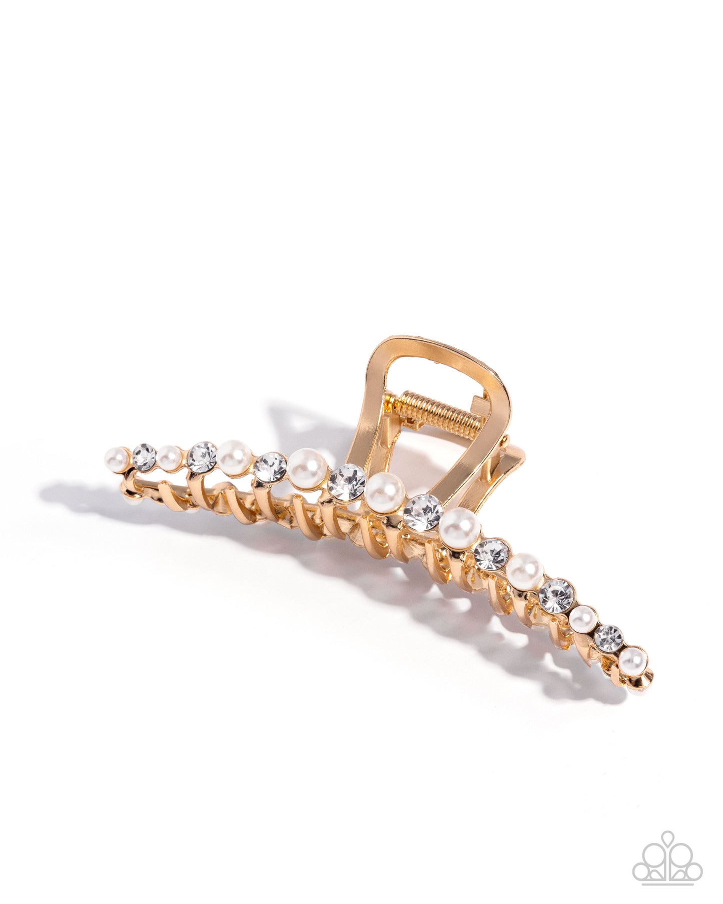 Social Shimmer - Gold, Pearl and White Rhinestone Claw Clip - Paparazzi Accessoreis