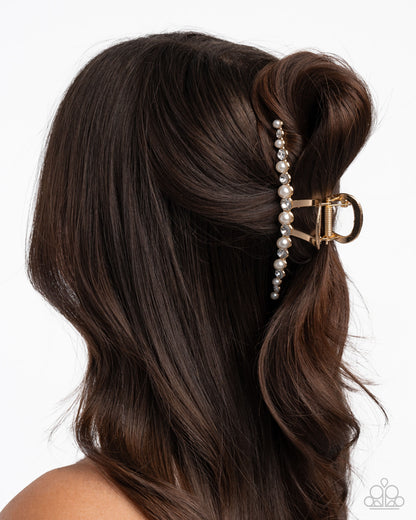 Social Shimmer - Gold, Pearl and White Rhinestone Claw Clip - Paparazzi Accessoreis