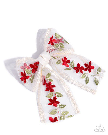 Garden Guardian - Red Green Lacey Hair Bow Clip - Paparazzi Accessories