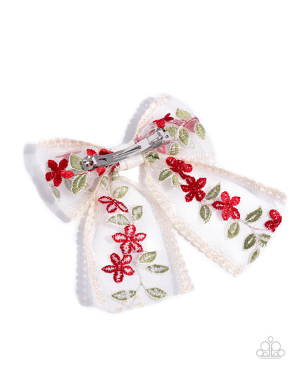 Garden Guardian - Red Green Lacey Hair Bow Clip - Paparazzi Accessories