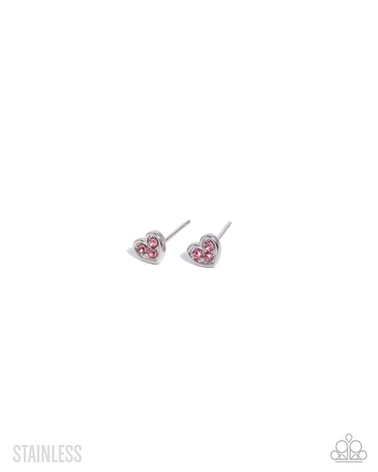 All My Affection - Pink Rhinestone Stainless Steel Heart Post Earrings - Paparazzi Accessories