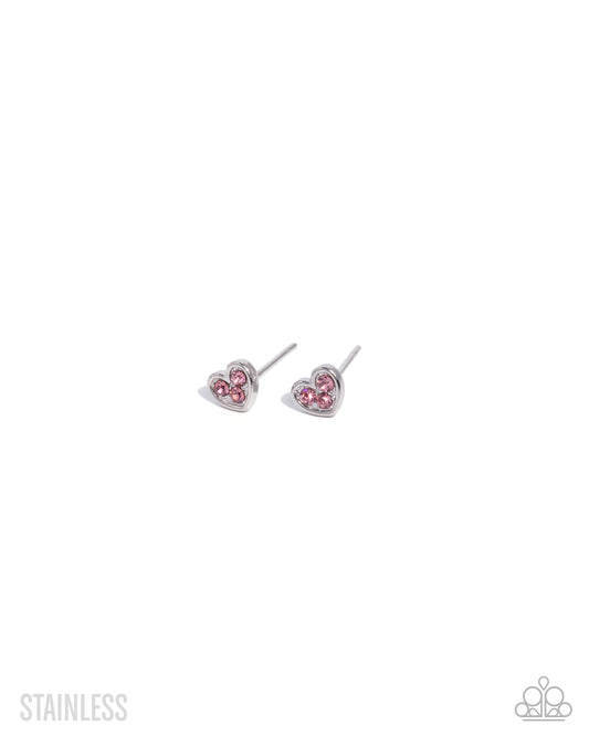 All My Affection - Pink Rhinestone Stainless Steel Heart Post Earrings - Paparazzi Accessories