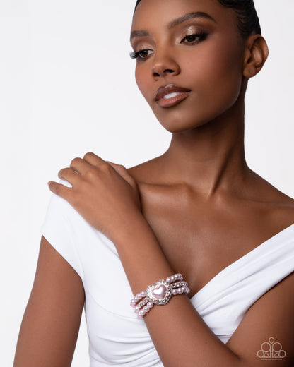 Lifelong Love Letter - Pink Pearl and Rhinestone Stretchy Bracelet - Paparazzi Accessories