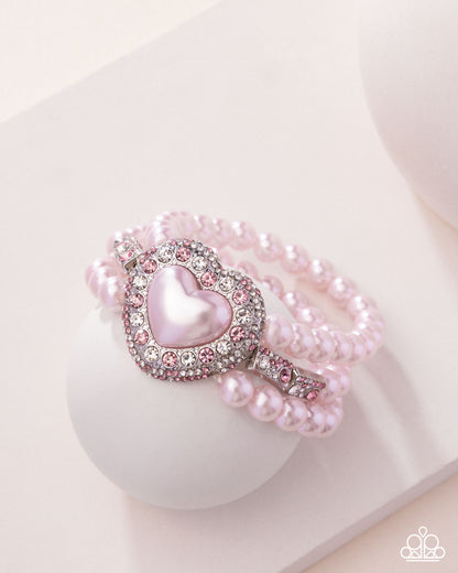 Lifelong Love Letter - Pink Pearl and Rhinestone Stretchy Bracelet - Paparazzi Accessories