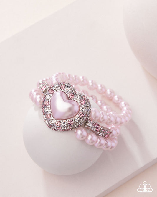Lifelong Love Letter - Pink Pearl and Rhinestone Stretchy Bracelet - Paparazzi Accessories