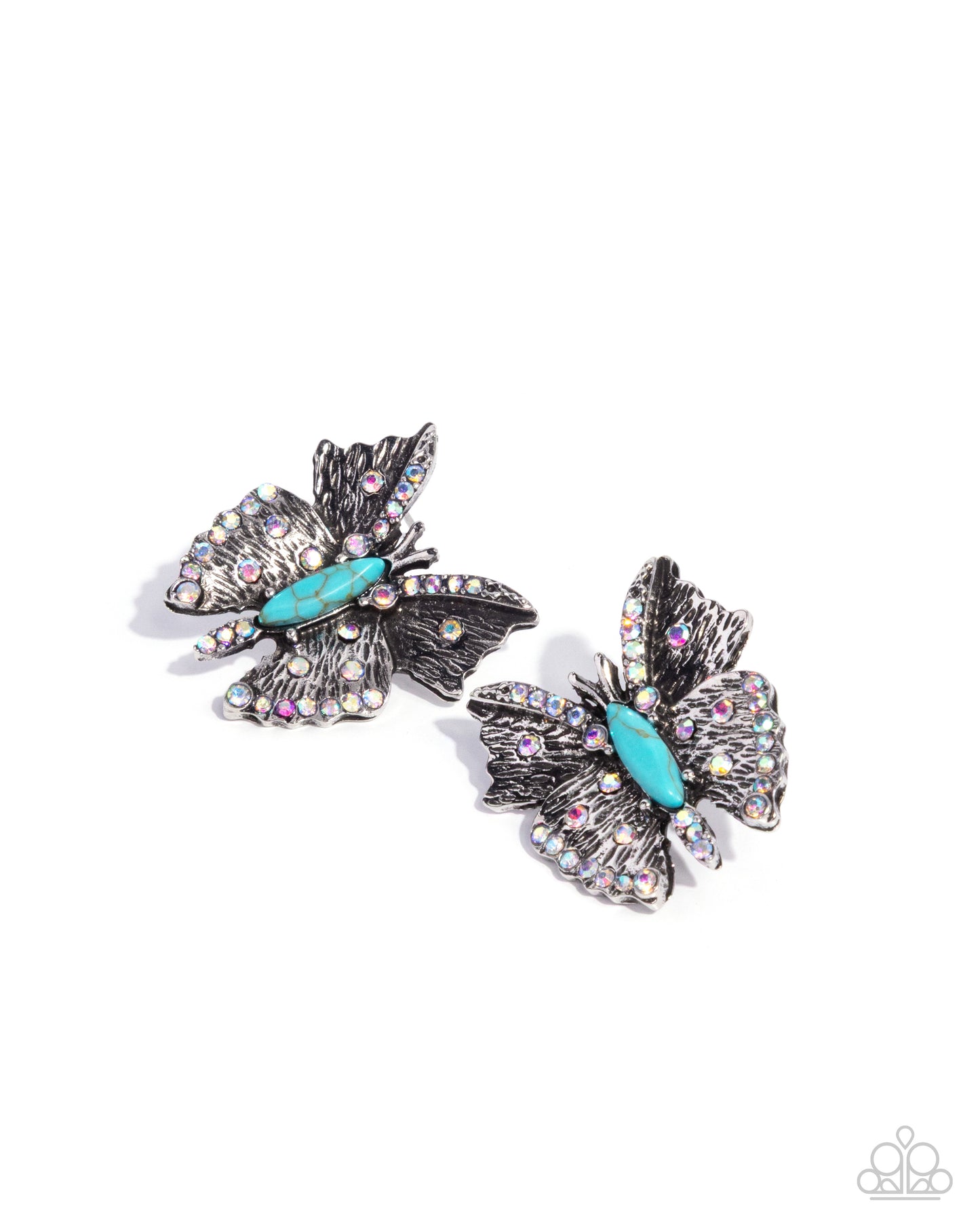 Hovering Harmony - Blue Crackle Stone, Silver Butterfly Earrings - Paparazzi Accessories