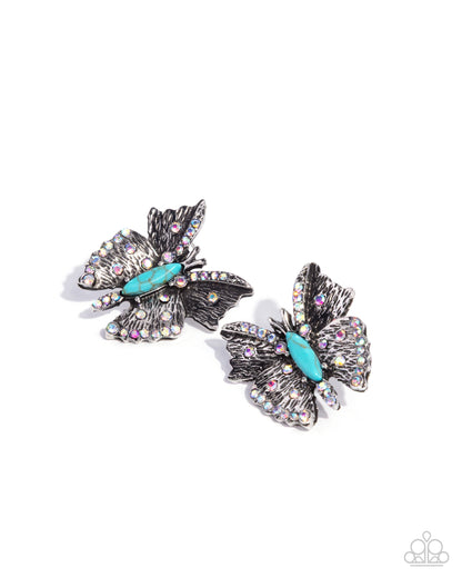 Hovering Harmony - Blue Crackle Stone, Silver Butterfly Earrings - Paparazzi Accessories