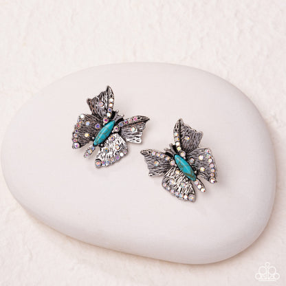 Hovering Harmony - Blue Crackle Stone, Silver Butterfly Earrings - Paparazzi Accessories