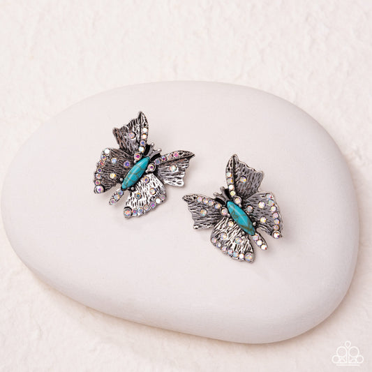 Hovering Harmony - Blue Crackle Stone, Silver Butterfly Earrings - Paparazzi Accessories