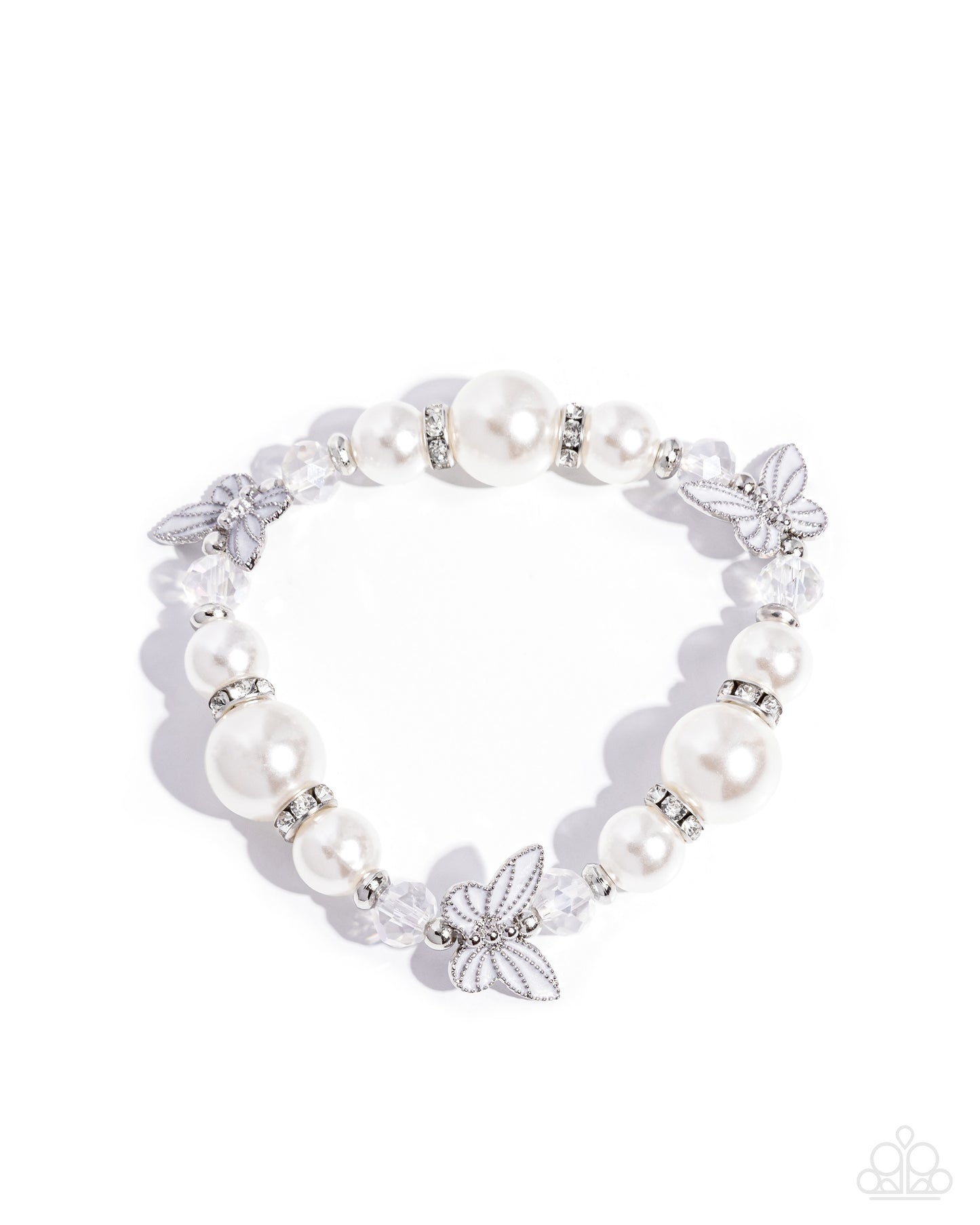 Soaring Sheen - White Pearl and Silver Butterfly Bracelet - Paparazzi Accessories