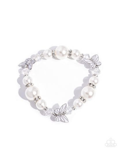 Soaring Sheen - White Pearl and Silver Butterfly Bracelet - Paparazzi Accessories