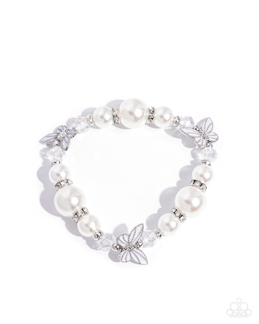 Soaring Sheen - White Pearl and Silver Butterfly Bracelet - Paparazzi Accessories