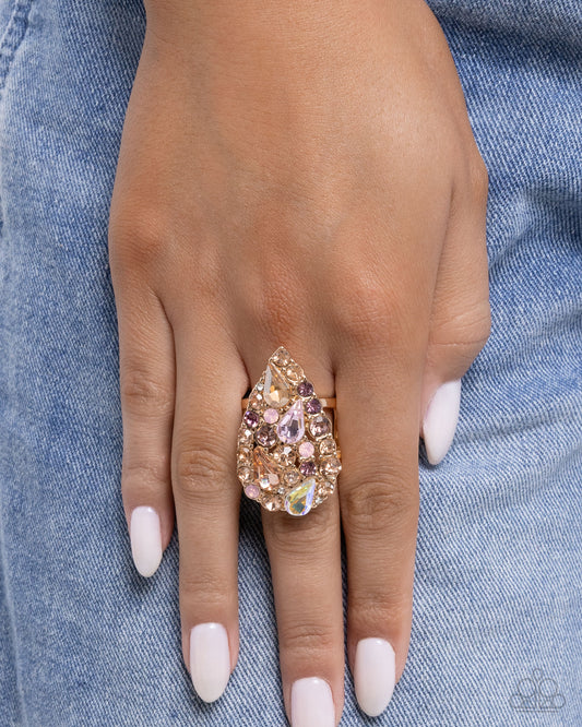 Gatsby Gamut - Pink Rhinestone Gold Teardrop Ring - Paparazzi Accessories