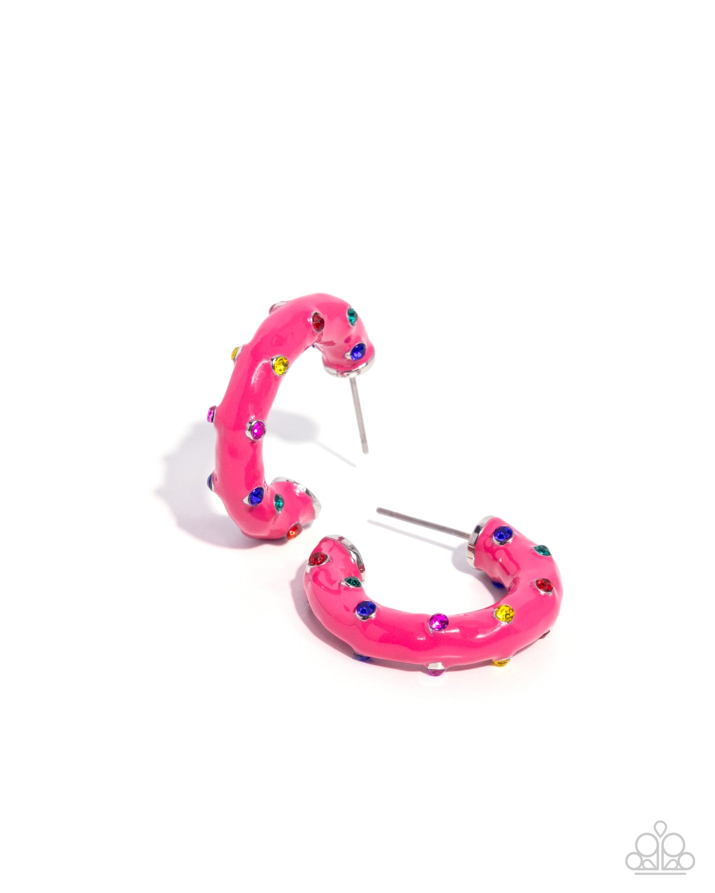 Promising Paint - Pink Enamel Dipped Multicolored Rhinestone Hoop Earrings - Paparazzi Accessories