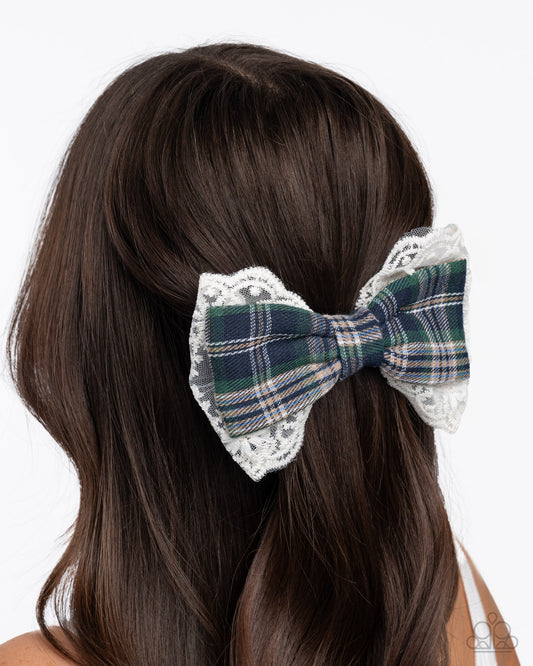 Ready to BOW? - Blue Patterned Plaid White Lacy Ribbon Bow Hair Clip - Paparazzi Accessories