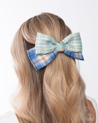 Let It BOW - Green and Blue Plaid Hair Bow - Paparazzi Accessories