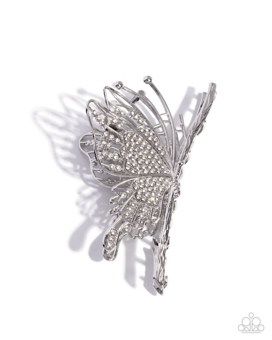 Layered Landing - White Rhinestone Silver Metal Butterfly Claw Clip - Paparazzi Accessories